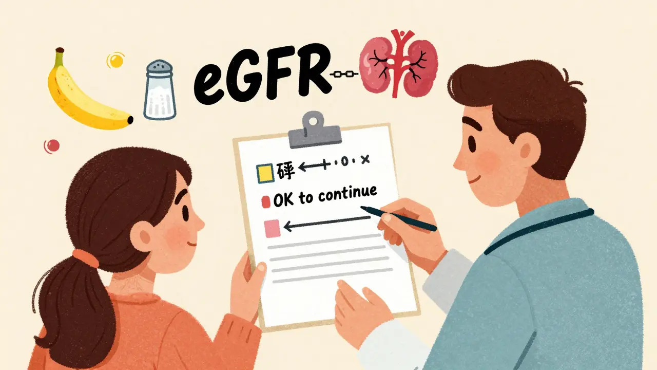 Doctor and patient reviewing lab results with potassium and kidney function indicators.