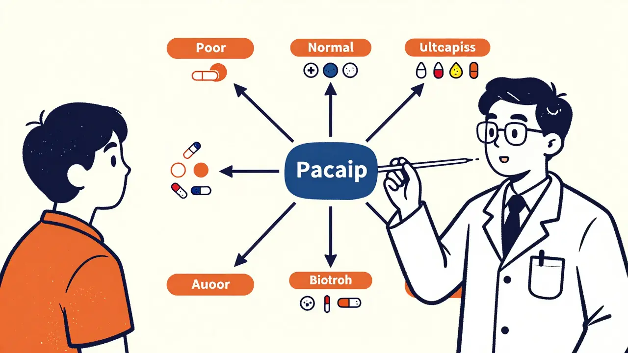 Doctor and patient with animated gene-to-drug flowchart in retro color palette