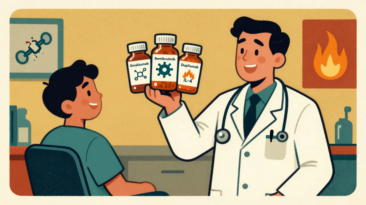 Doctor holding three labeled medication bottles with symbolic icons in a medical office setting.