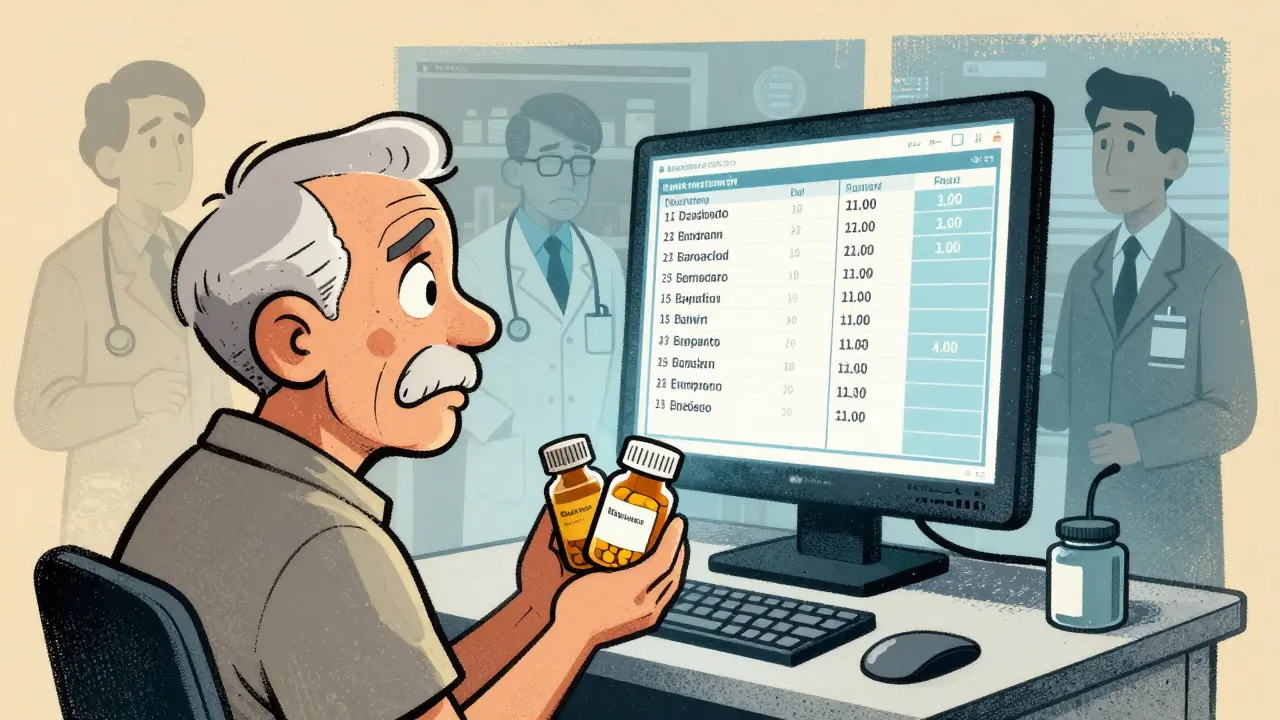 Elderly patient confused by conflicting medication lists on a flickering screen.