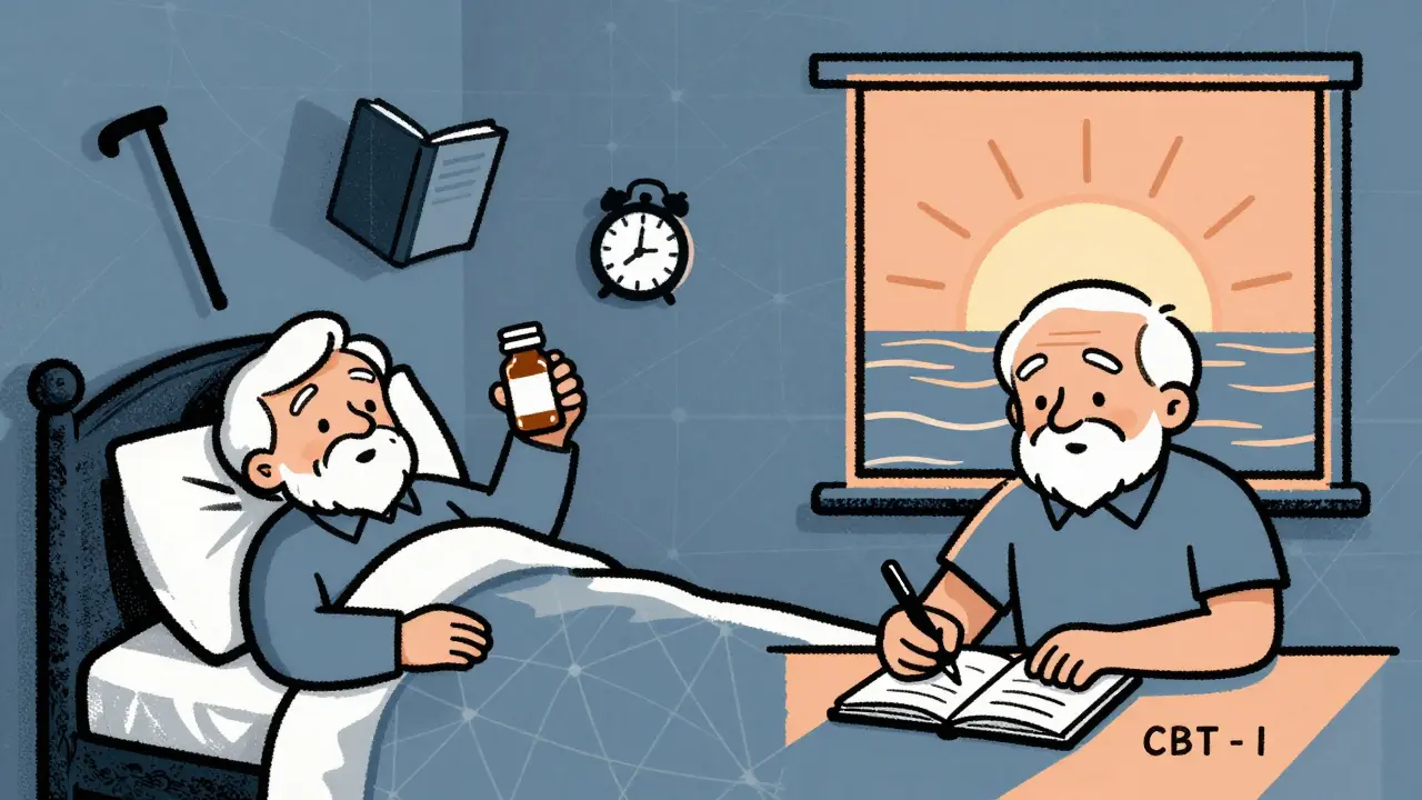 Elderly person divided between risky sleep aid use and peaceful CBT-I routine under sunlight.