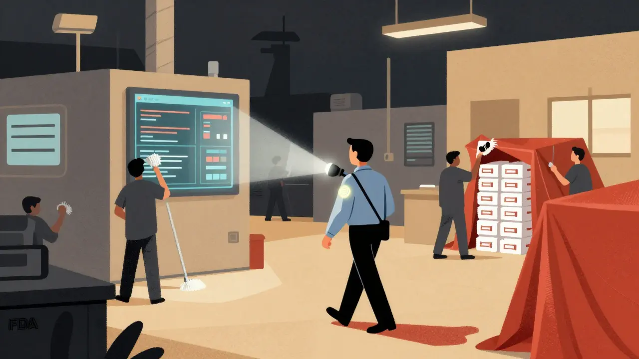 FDA inspector at night uncovering hidden quality violations in a foreign drug plant.