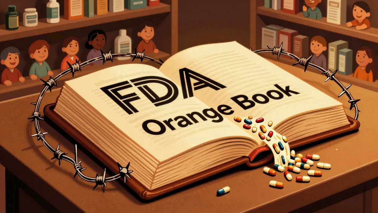 Glowing Orange Book releasing generic pills into a pharmacy, patent thickets as barbed wire
