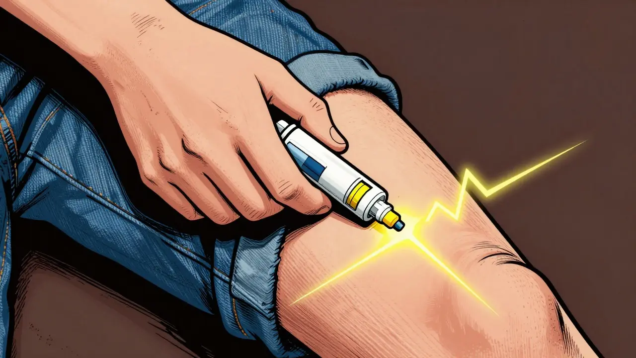 Hand injecting epinephrine into thigh through jeans, with a glowing pulse line indicating medicine flow.