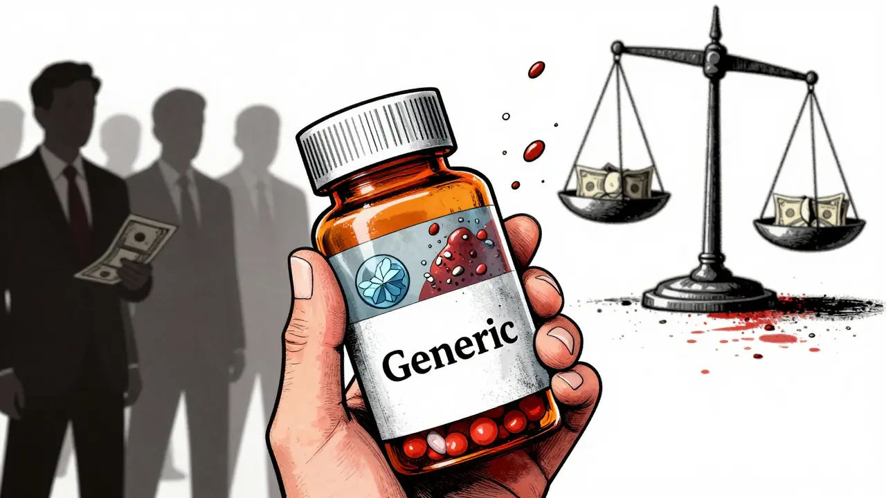 Patient holding a pill revealing internal contamination, with shadowy corporate figures in screenprint style.