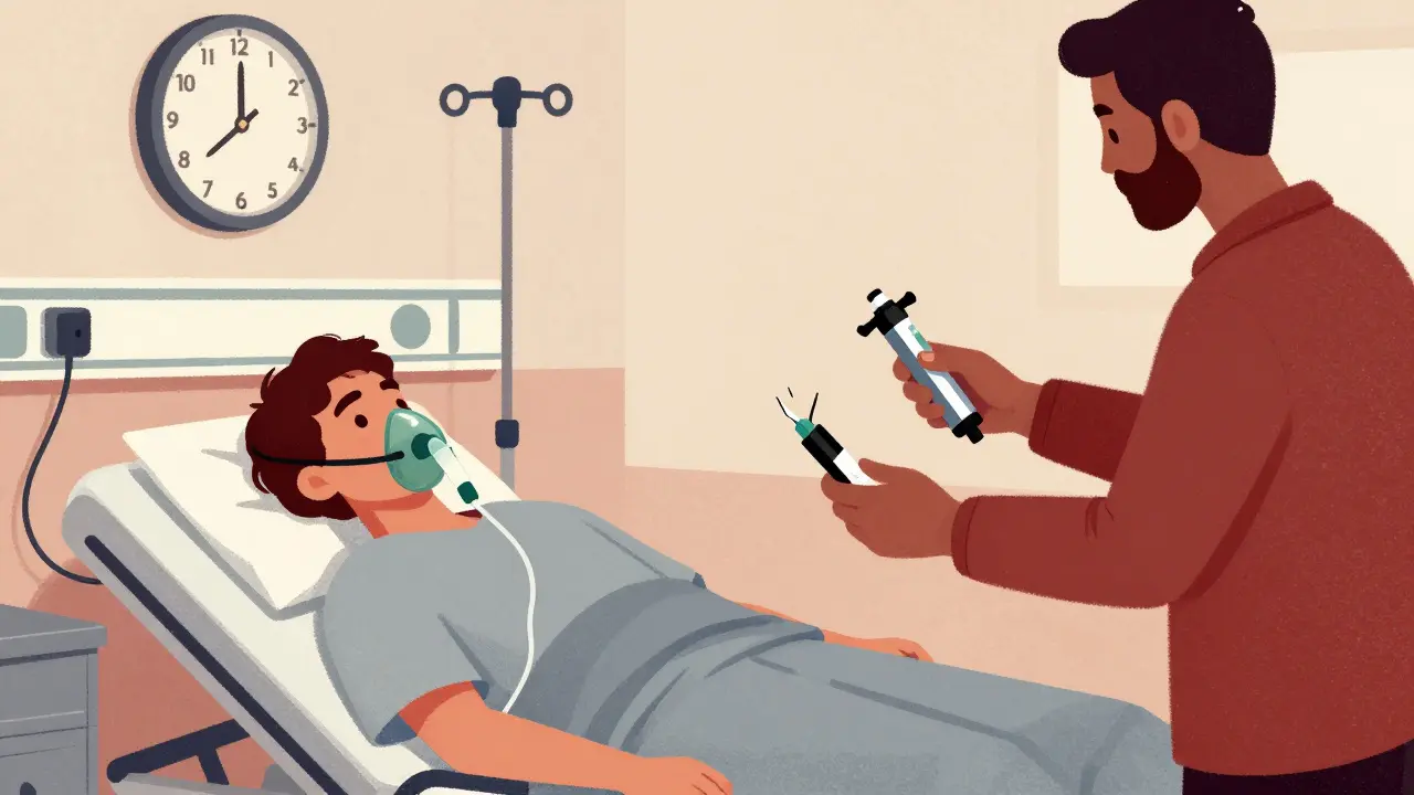 Patient in hospital with used epinephrine injectors on table, family nearby, clock showing 12 hours.