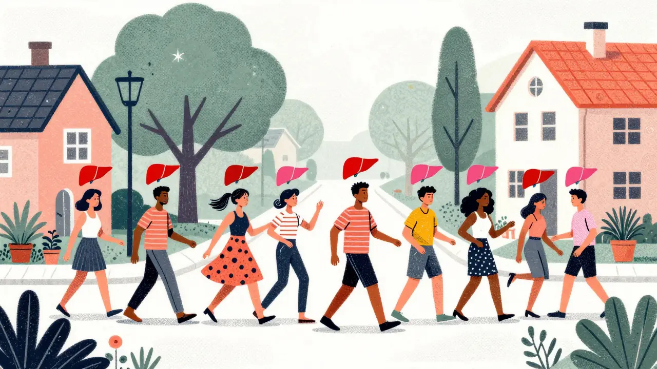 People walking and gardening with shrinking liver icons above their heads.