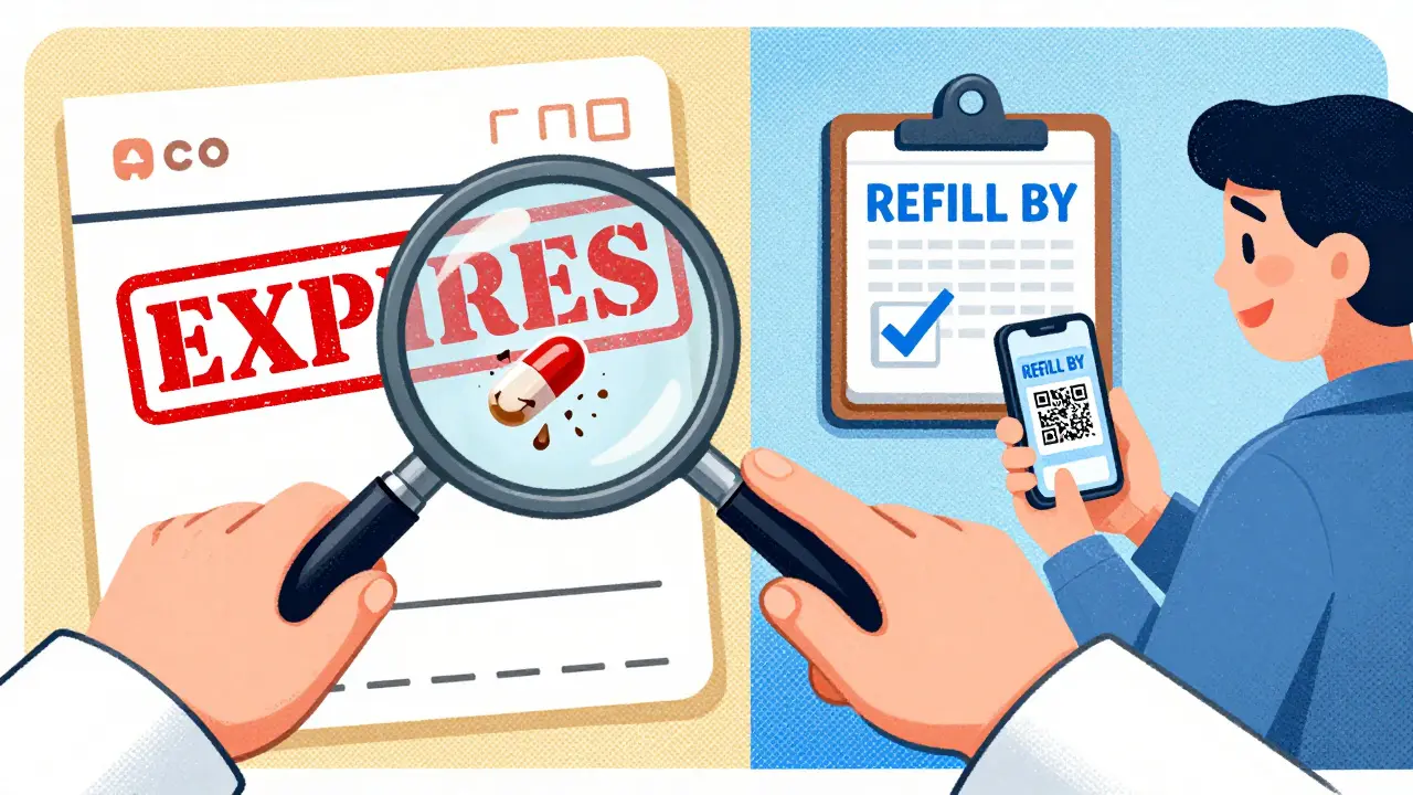 Pharmacist explains prescription label split into expiration (red) and refill-by (blue) with QR code projecting animation.