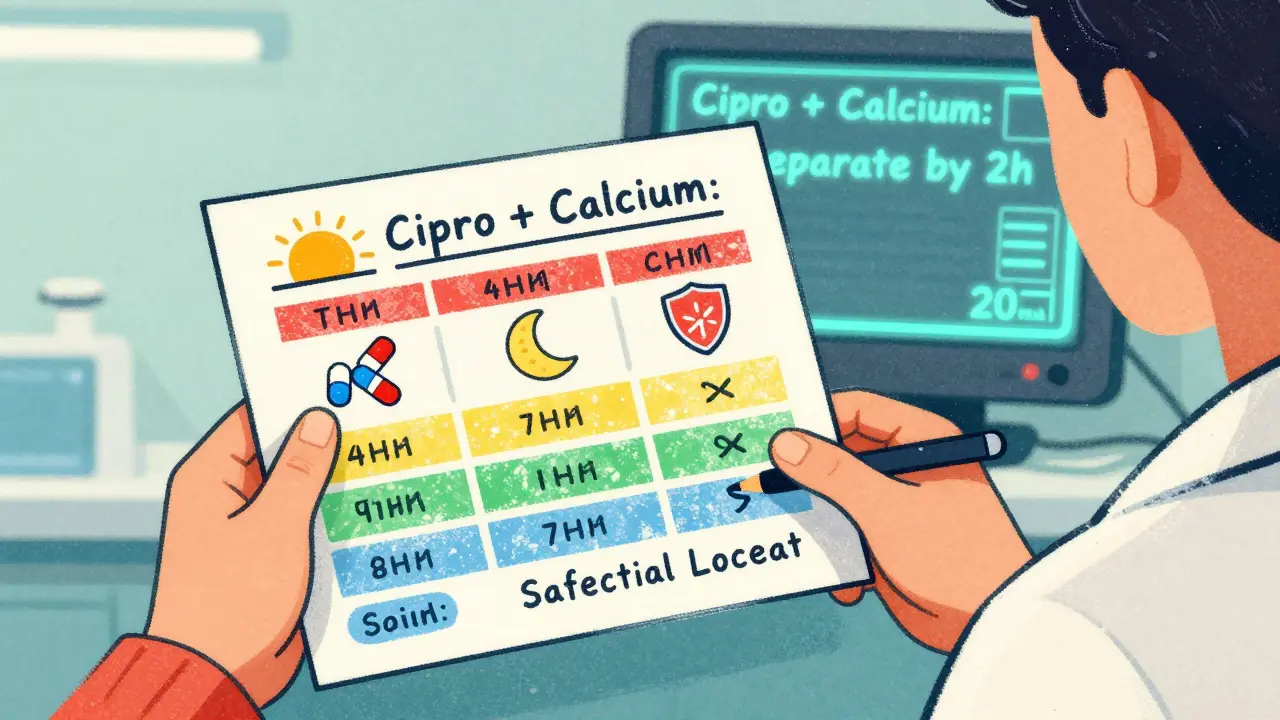 Pharmacist giving a color-coded medication schedule chart with icons for timing gaps and safe combinations.