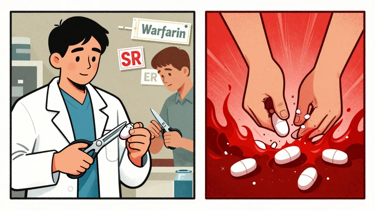 Pharmacist using pill splitter beside patient incorrectly cutting a tablet, contrasting safe and unsafe splitting.