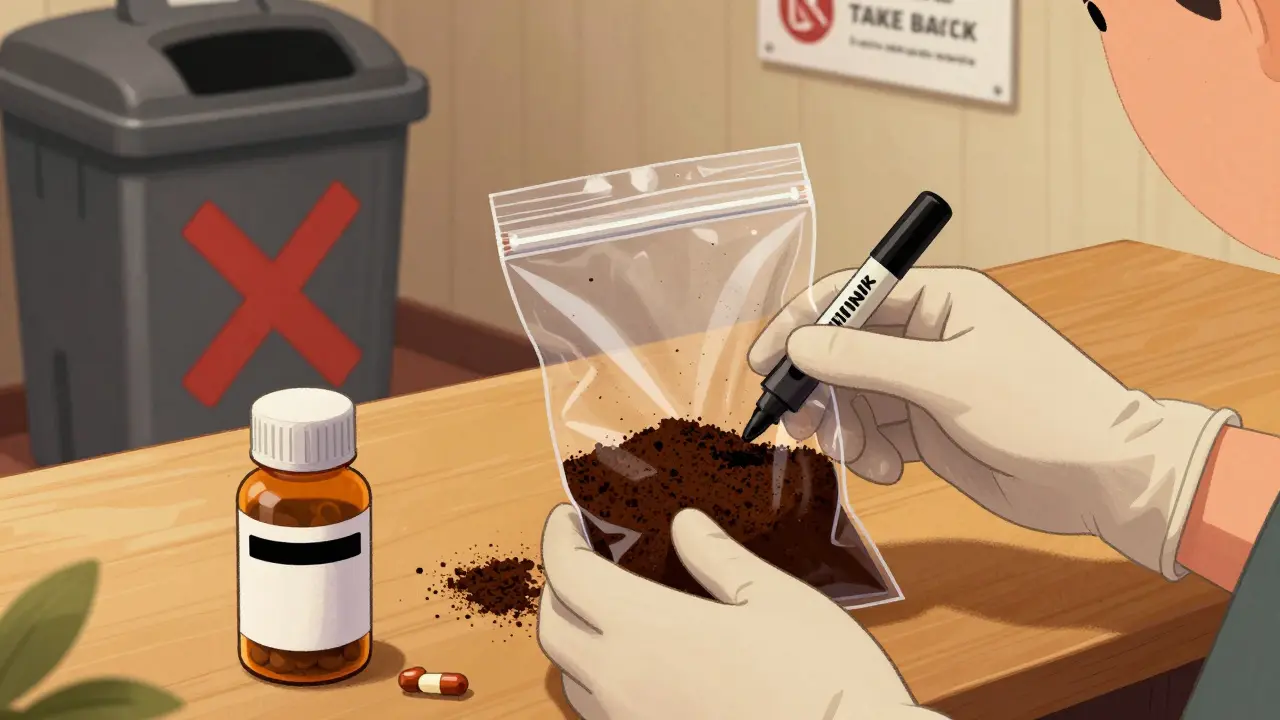 Someone mixes expired pills with coffee grounds and marks out personal info on a bottle.