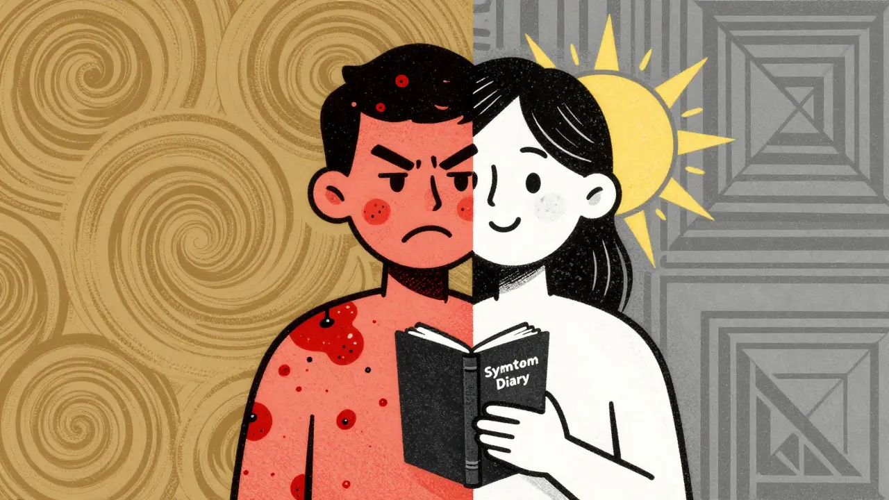 Split figure: one side covered in hives, the other healthy, holding a symptom diary.