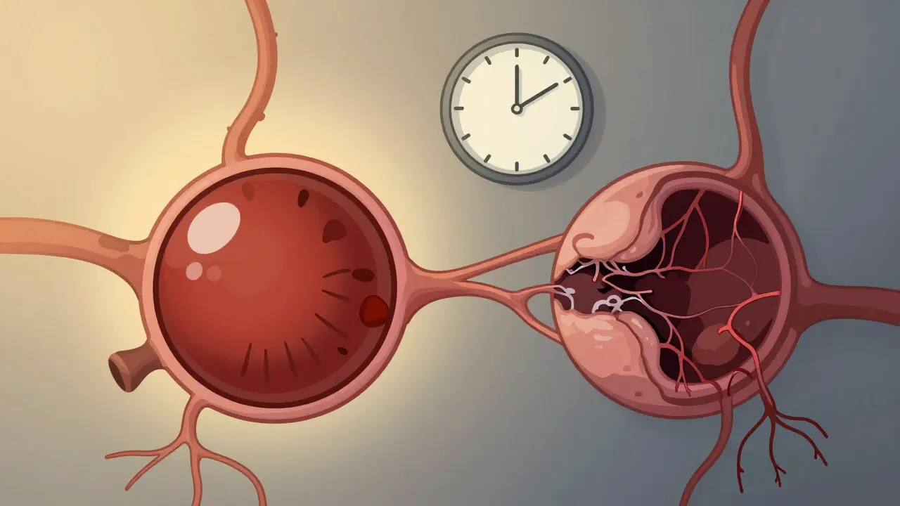 Split image of healthy vs. damaged retina with a time-freeze clock above, in muted screenprint cartoon aesthetic.