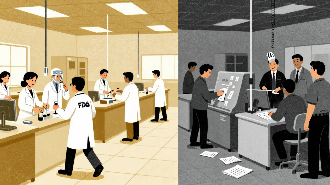 Split scene: clean U.S. pharmacy lab vs. chaotic foreign factory trying to hide violations.