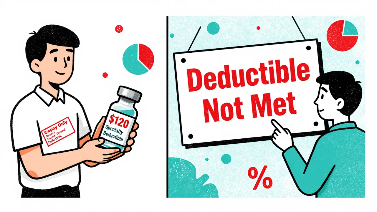 Split scene showing copay payment vs. full-price medication before deductible is met