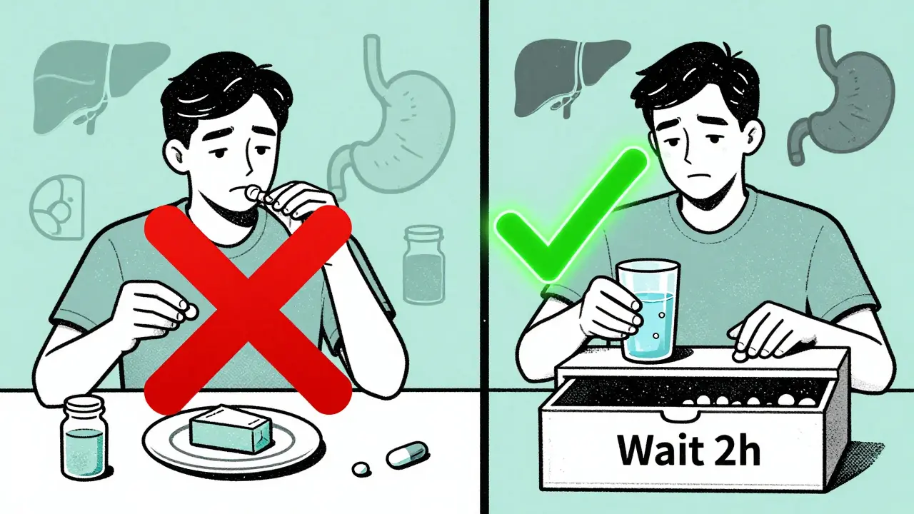 Split scene showing incorrect and correct timing of antibiotic and antacid with red X and green checkmark.