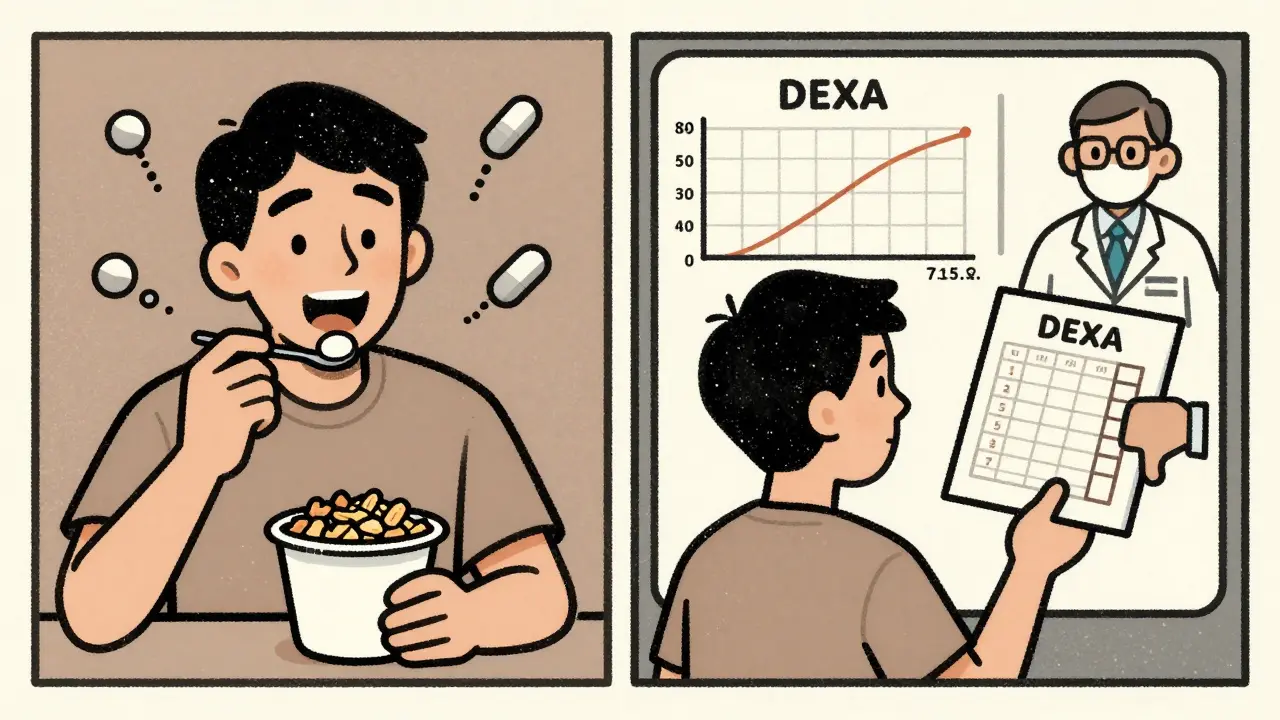 Split scene: someone eating yogurt after taking a pill, contrasted with a flat bone scan, showing the consequence of timing mistakes.