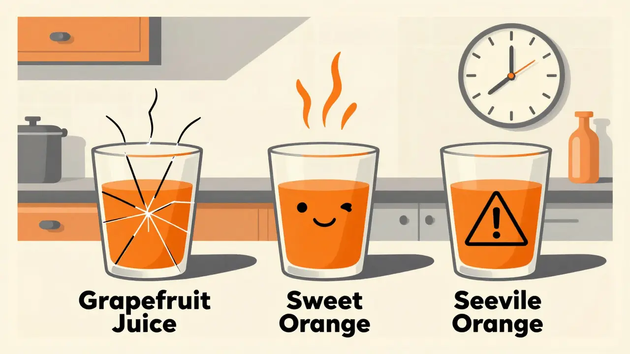 Three citrus juices on a counter: grapefruit with a crack, sweet orange smiling, Seville orange with a warning sign.
