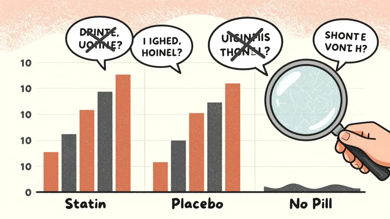 Three-column calendar showing identical pain spikes on statin and placebo, but low on no-pill days.
