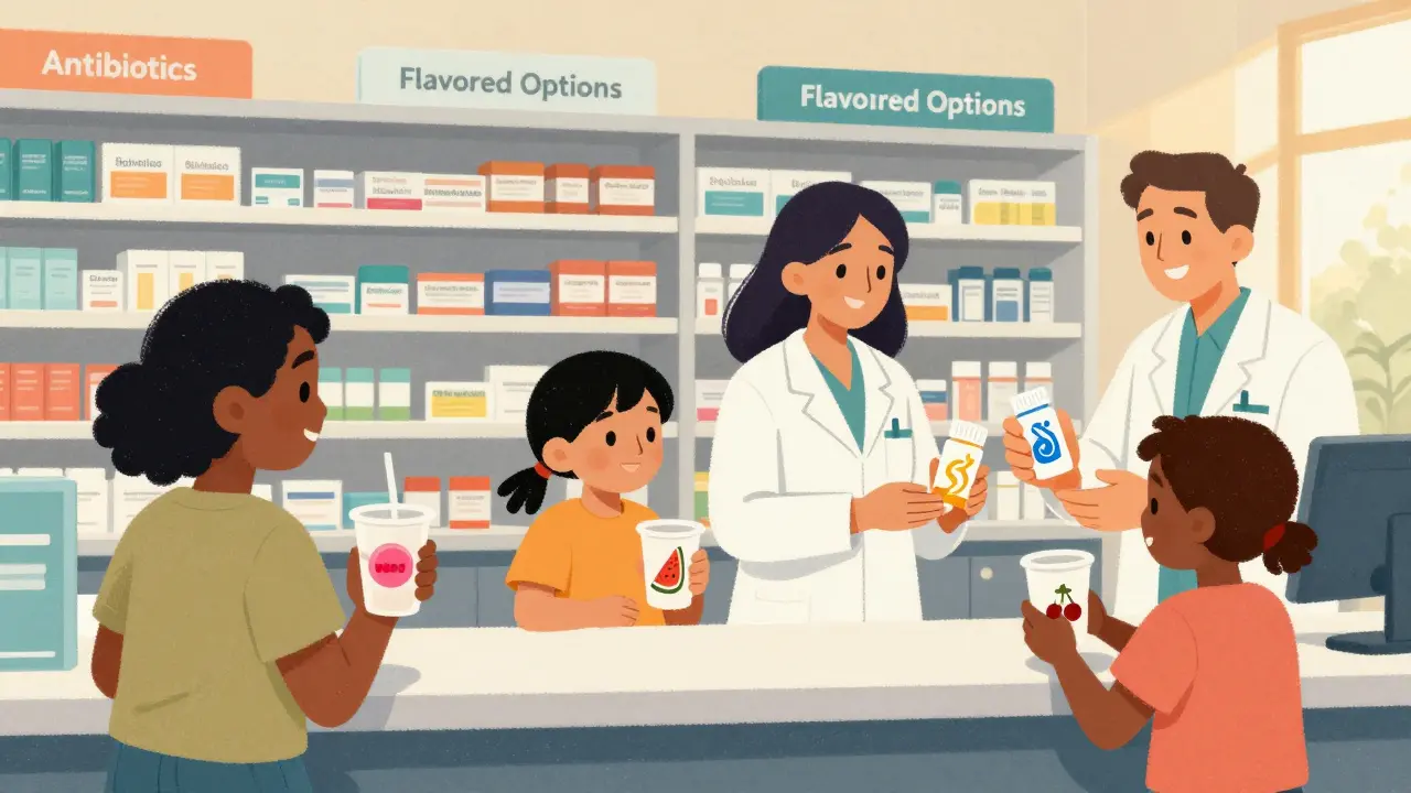 Three families receive flavored prescriptions at a pharmacy, each child holding a differently flavored cup.