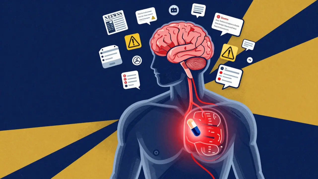 Transparent human torso with brain lighting up pain pathways triggered by pill labels and media alerts.