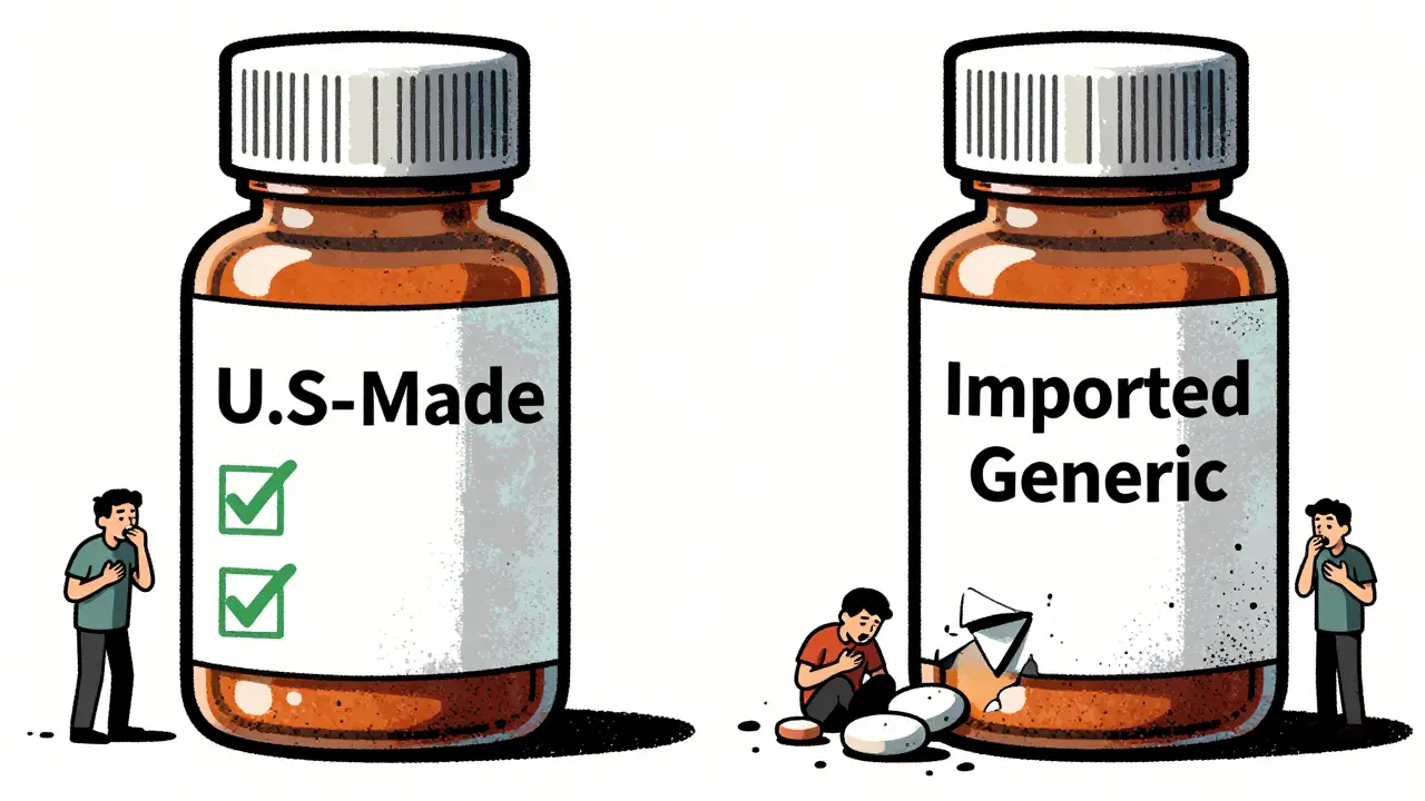 Two pill bottles side by side: one clean, one spilling harmful powder with sick patients nearby.