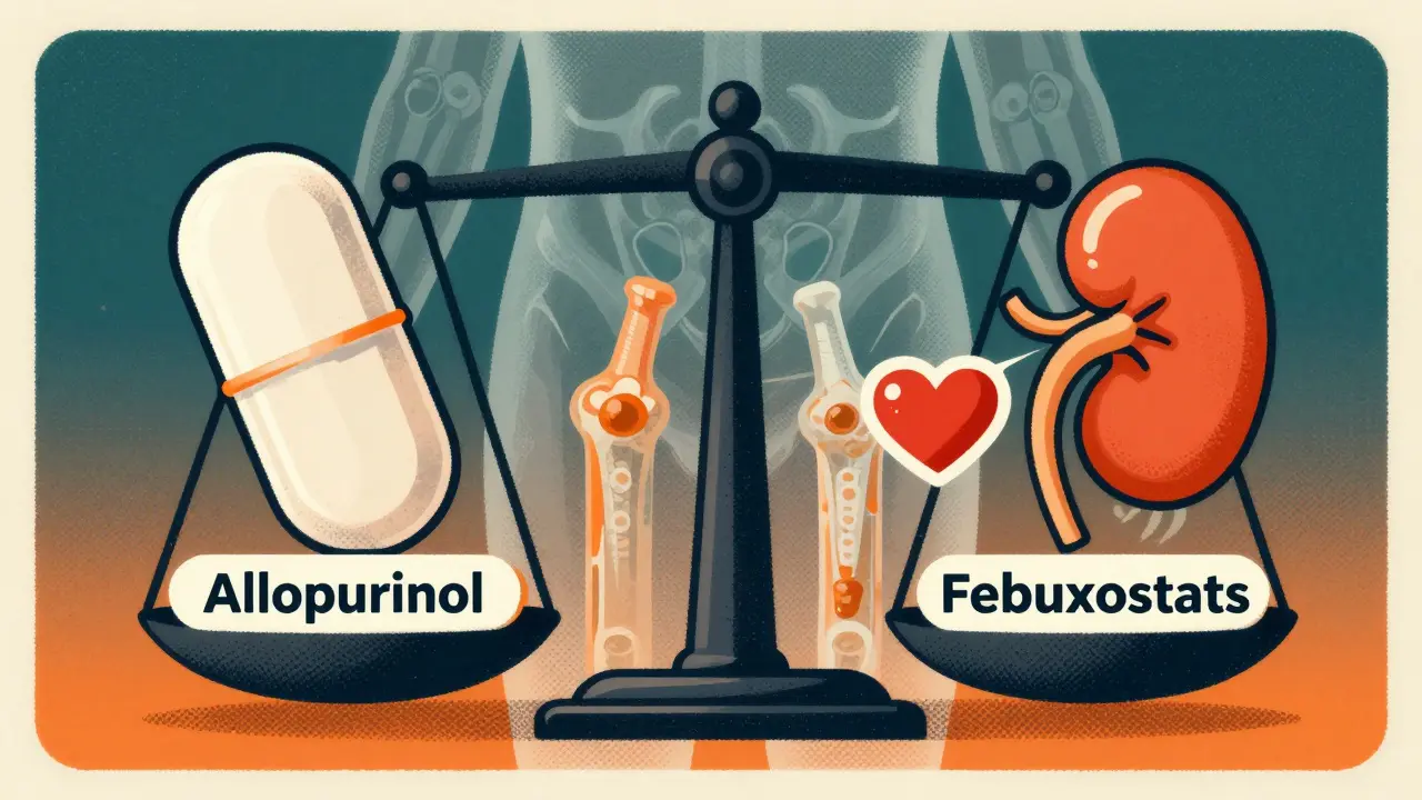 Two pills on a scale with heart and kidney icons, symbolizing different gout medications and their risks.