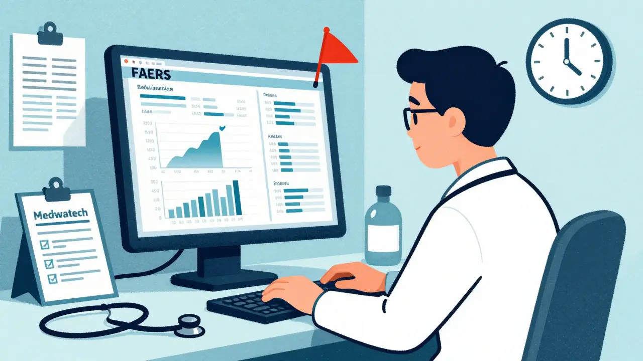 A healthcare worker submitting an adverse event report in a hospital with clinical data on screen.