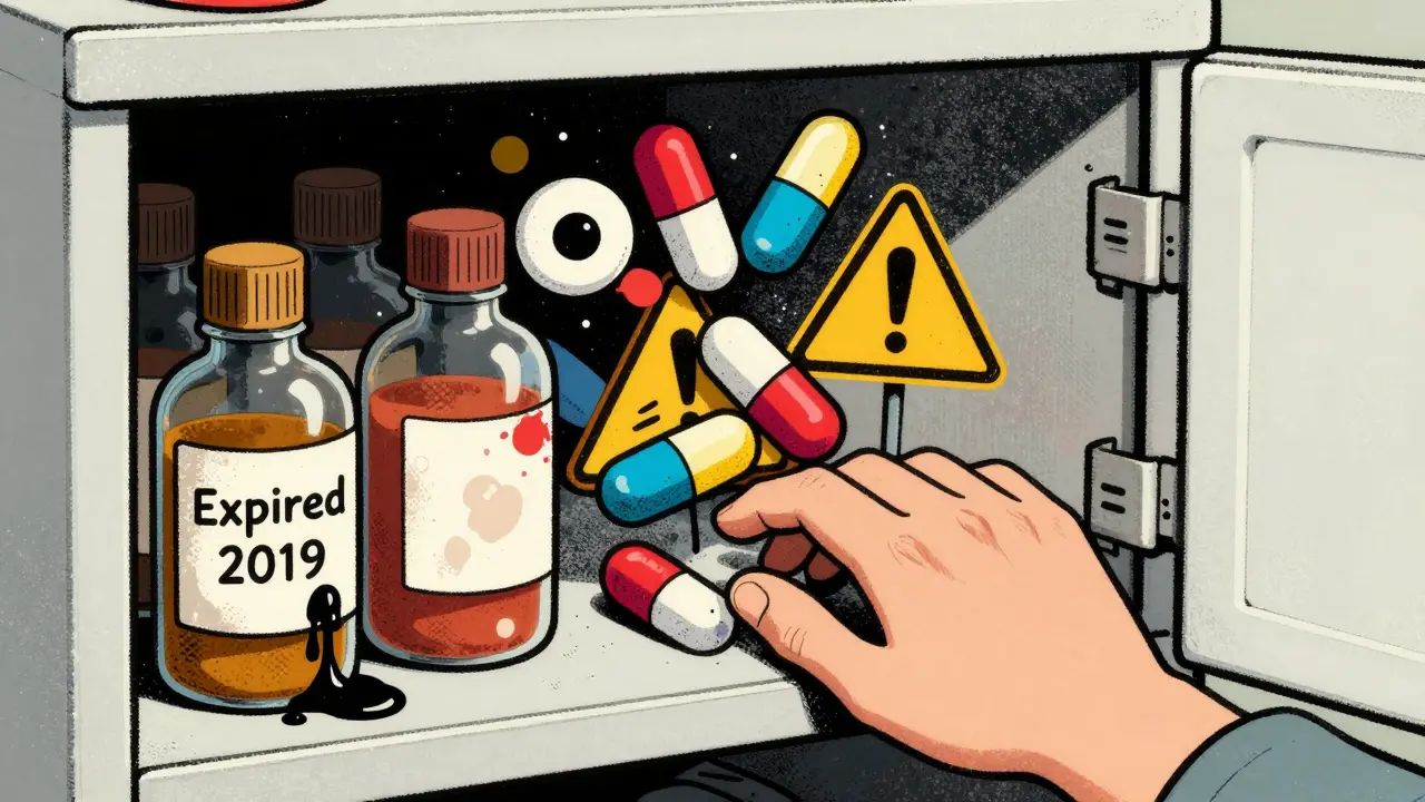 A medicine cabinet leaks toxic expired pills, with warning symbols emerging from distorted tablets.