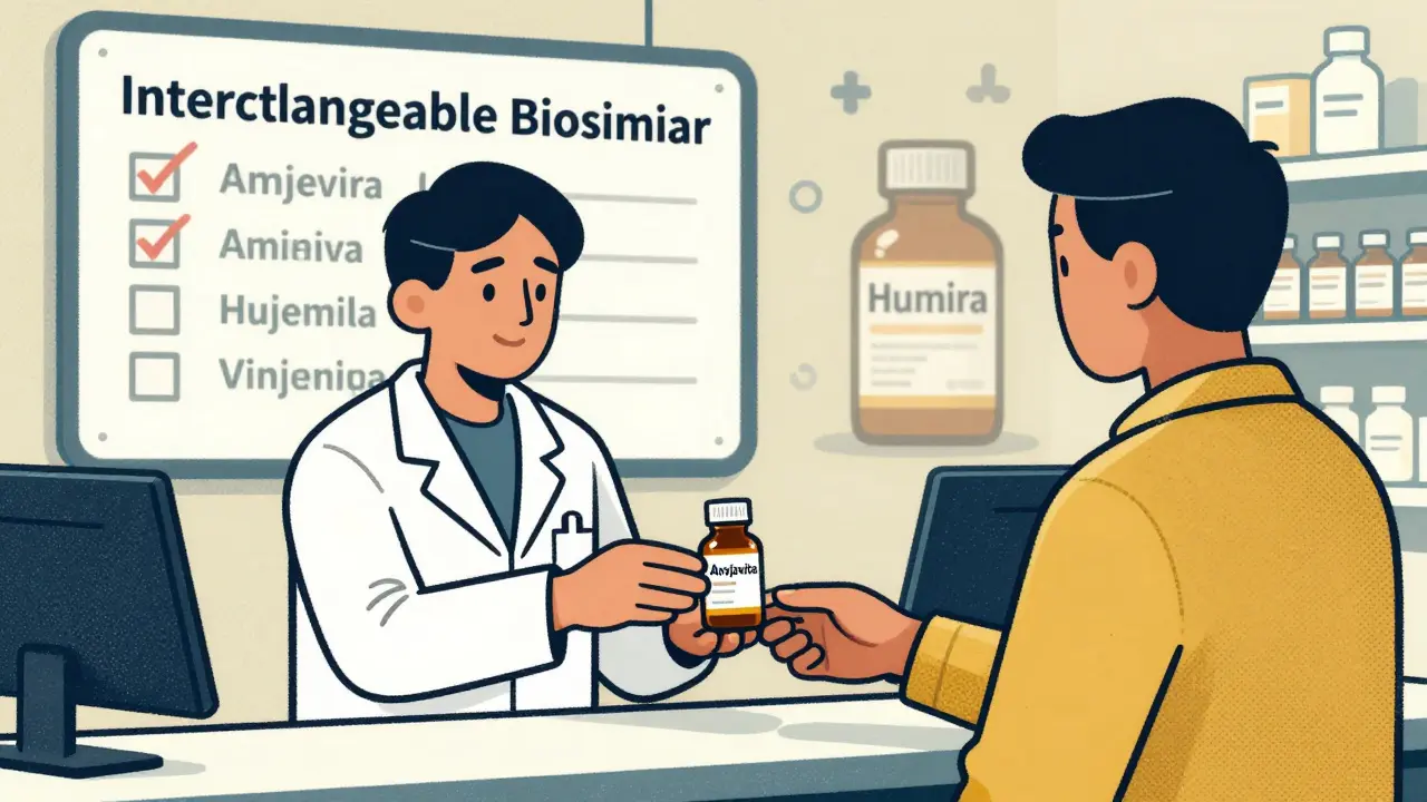 A pharmacist handing a biosimilar prescription to a patient at a pharmacy, with an 'Interchangeable' label on the wall behind them.