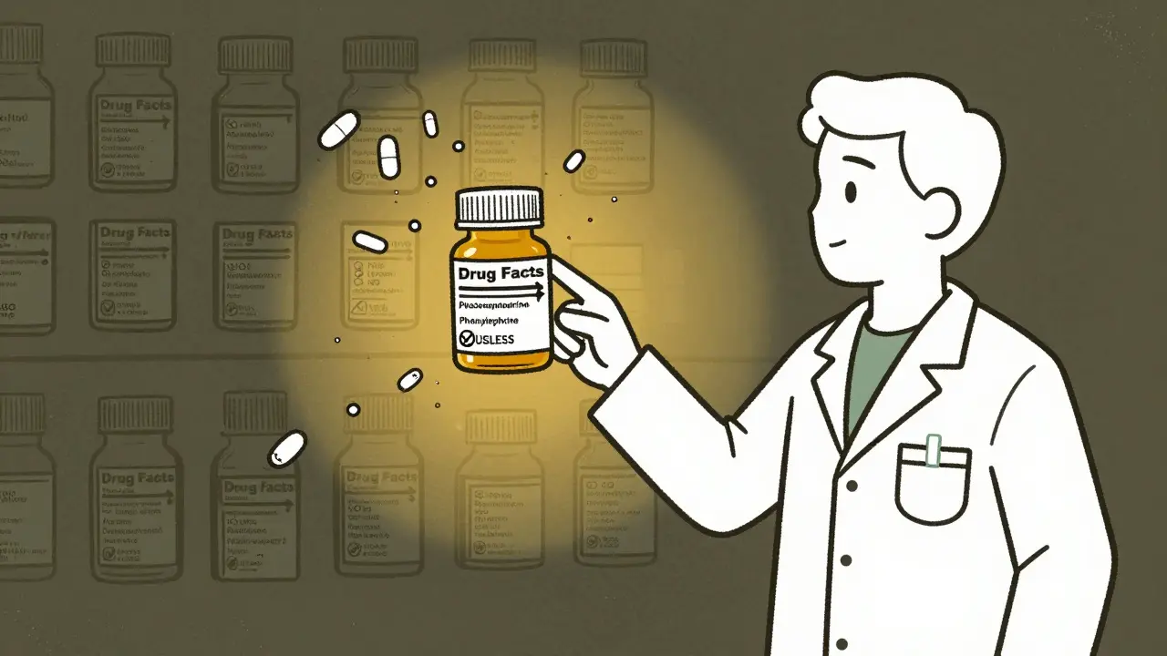 A pharmacist pointing to a magnified drug label showing safe ingredients, while combo pills crumble into dust behind them.