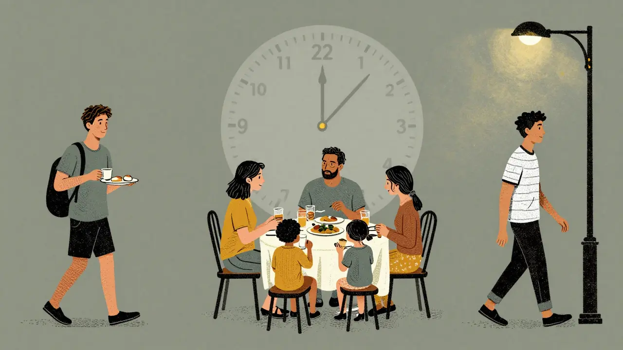 Diverse people in Hamilton adapting time-restricted eating to daily life, with subtle 24-hour body clock beneath them.