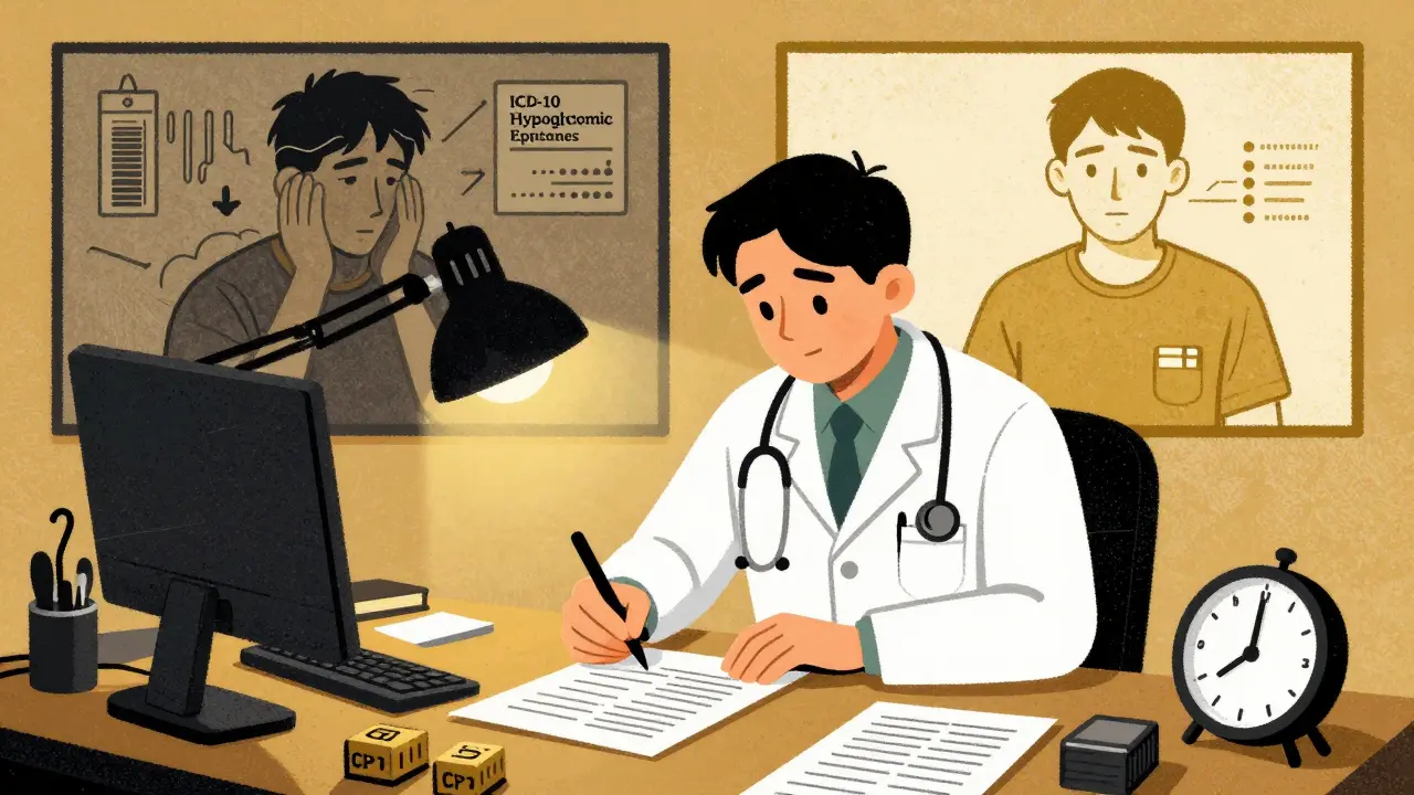 Doctor writing detailed appeal letter with medical codes and before-and-after patient health visuals.