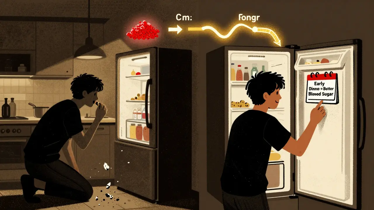Late-night snacking vs. early dinner scene, with metabolic pathway showing sugar turning to fat-burning, in screenprint style.