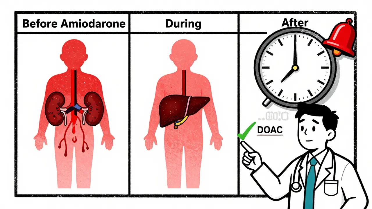 Medical chart showing three phases of drug interaction with escalating red zones, giant clock ticks past 100 days, DOAC alternative with green checkmark.