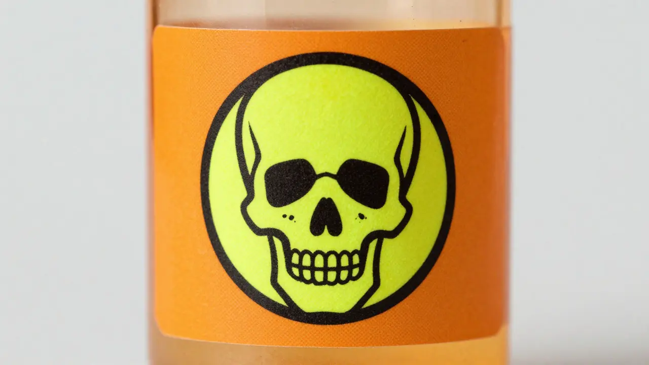 Opioid warning sticker with skull icon.