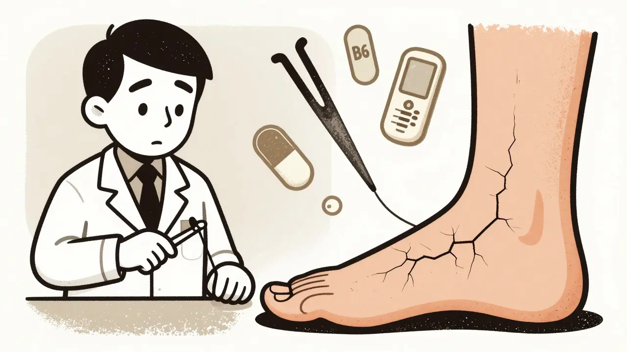 Split scene: doctor testing foot sensation vs. invisible nerve damage, with medical icons floating above.