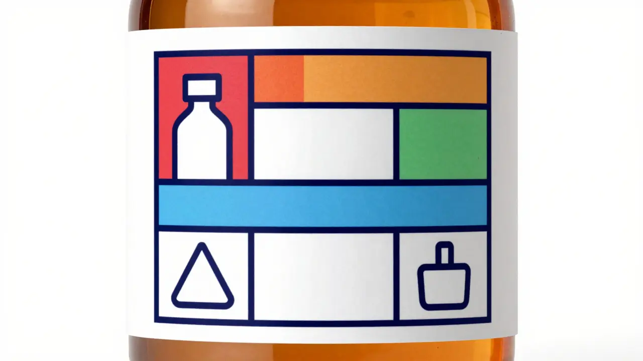 Standardized label with section icons and high contrast.