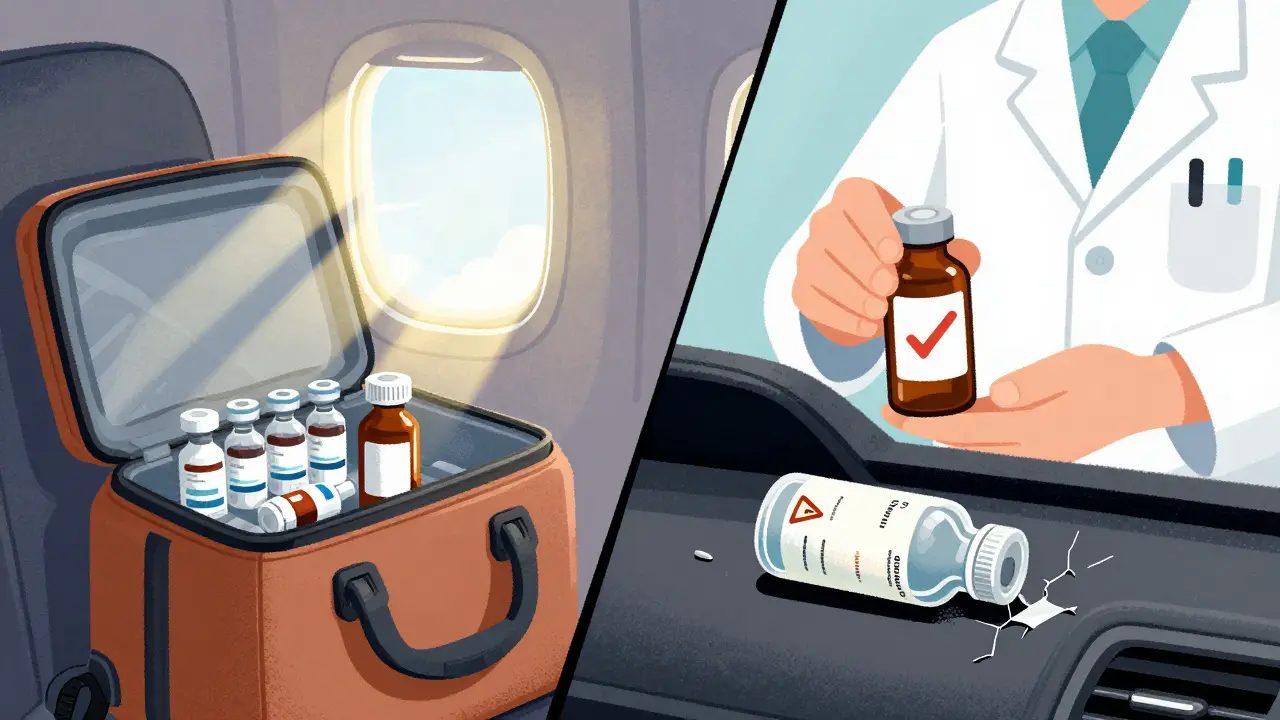 Traveler with UV-protected meds in carry-on vs. damaged bottle left on a hot car dashboard.