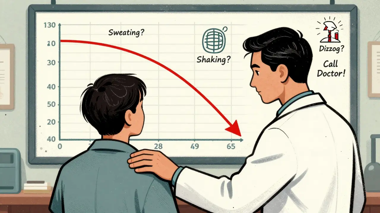 A doctor and patient reviewing a blood sugar chart showing a dangerous drop after ginseng use.