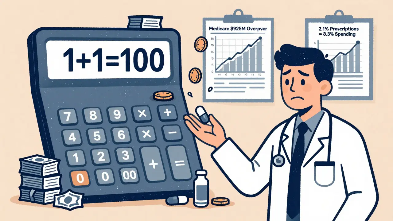 A doctor gives a combo pill to a patient while a calculator displays '1+1=100' and dollar stacks rise from the pill.