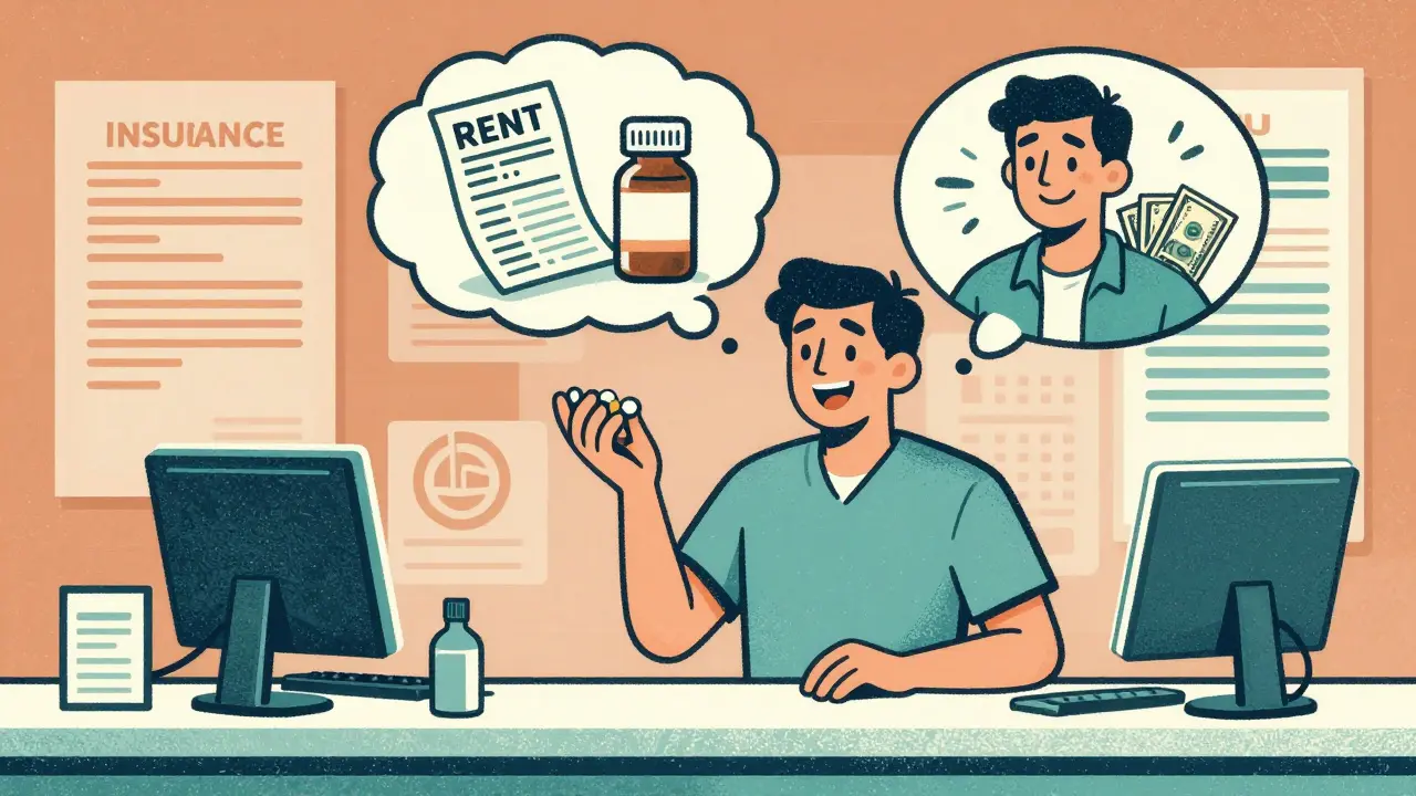 A patient holds combo and generic pills, with a thought bubble showing financial struggle vs relief.