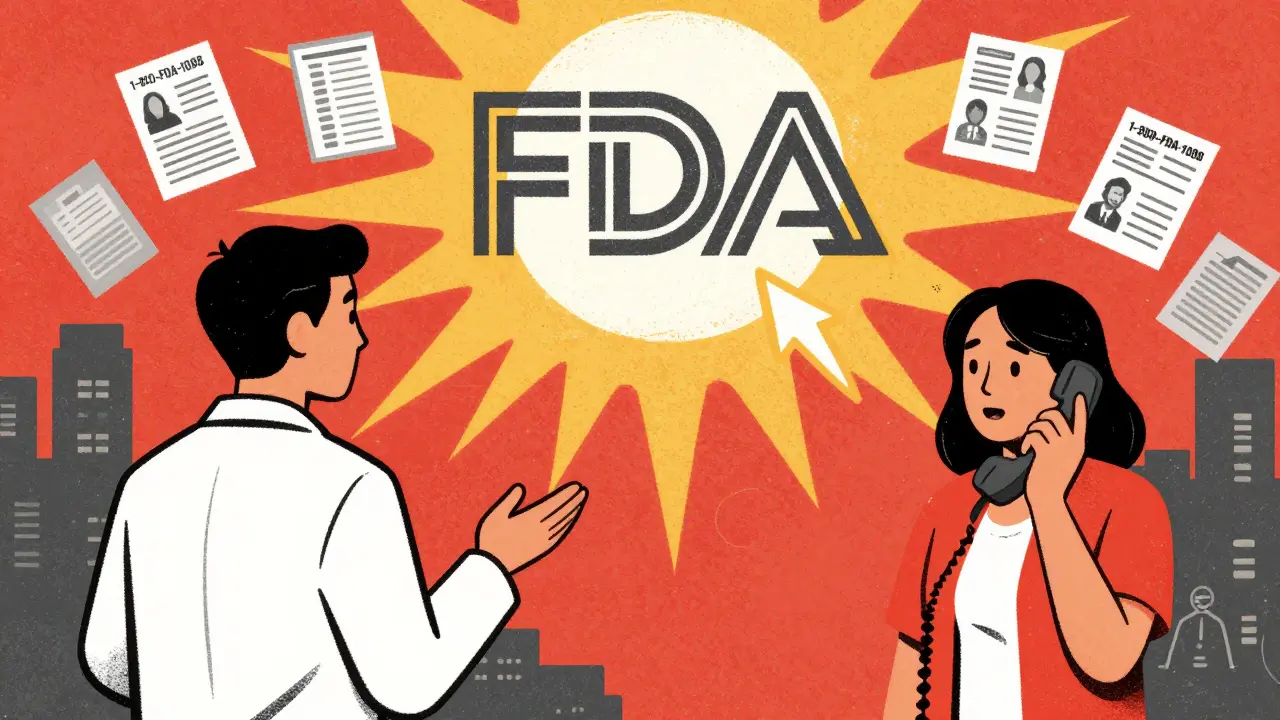 A patient making a call to report side effects while a doctor ignores them, with an FDA logo glowing above.