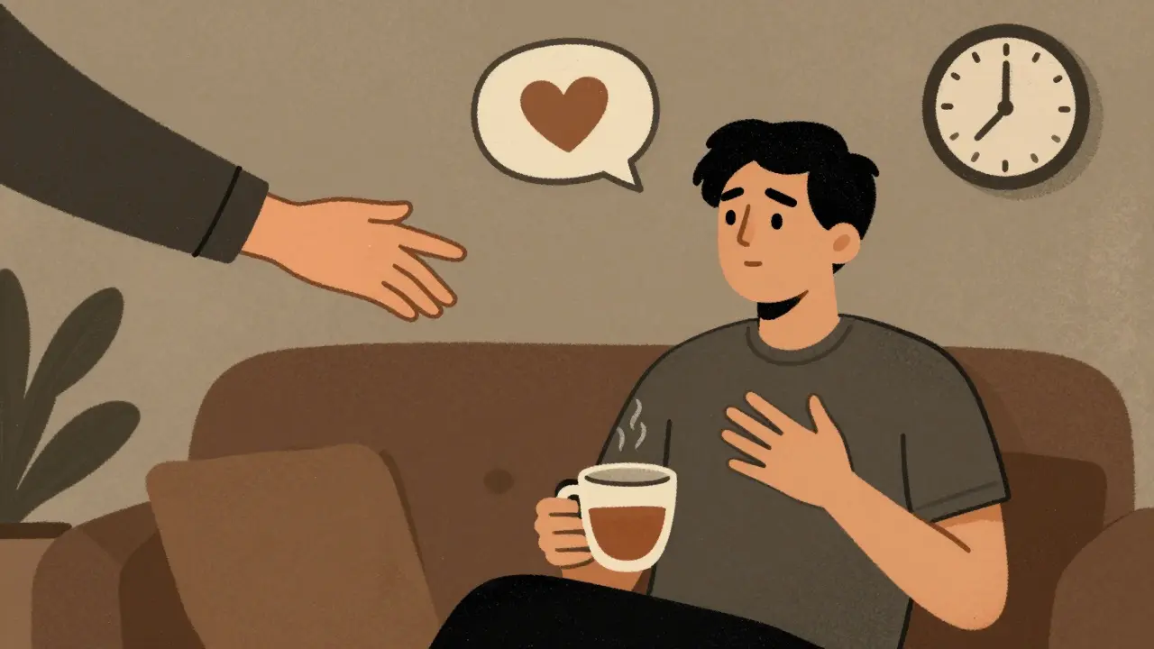 A person sitting calmly with emotional support symbols floating above, warm tones, no text.