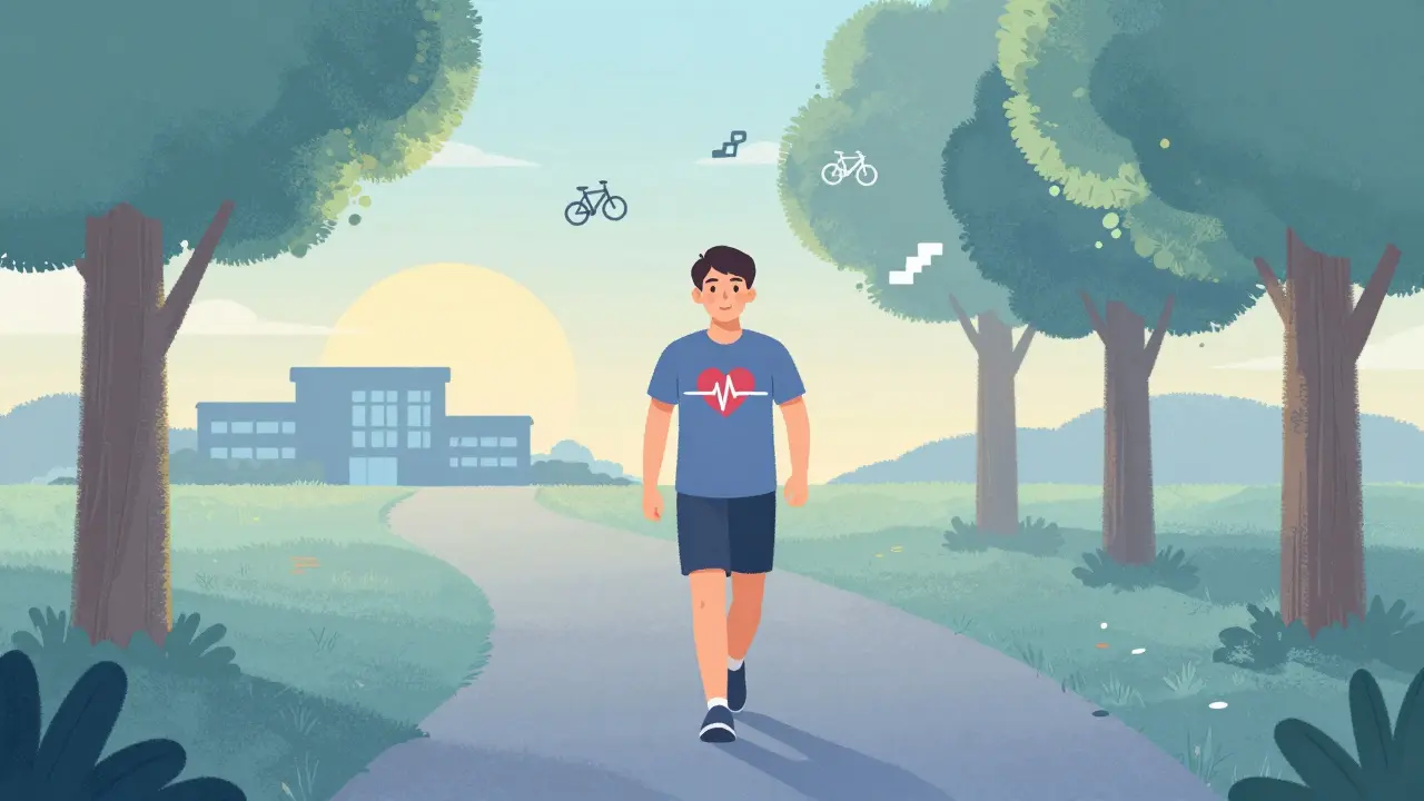 A person walking peacefully on a path at dawn with heart monitor icon and activity icons nearby, soft colors.