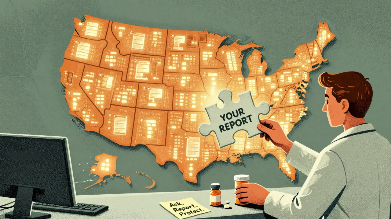A puzzle piece labeled 'YOUR REPORT' fitting into a national map covered in tiny patient reports.