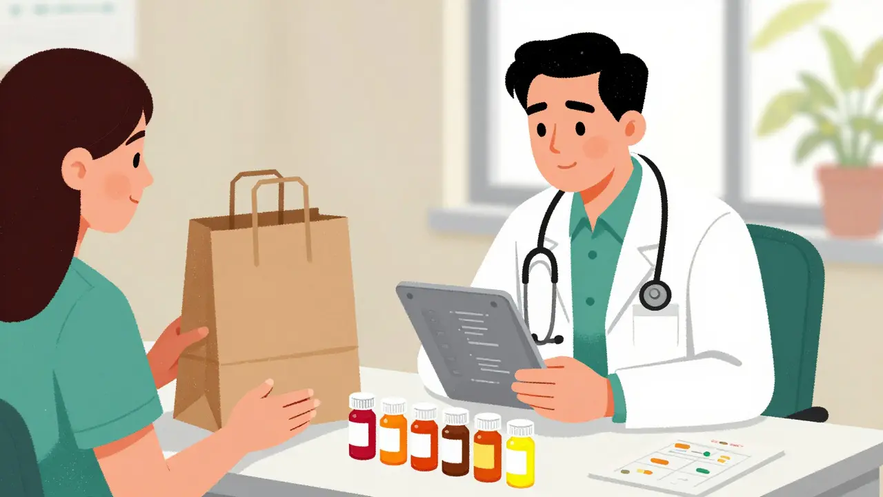 Doctor and patient reviewing medication bottles during consultation
