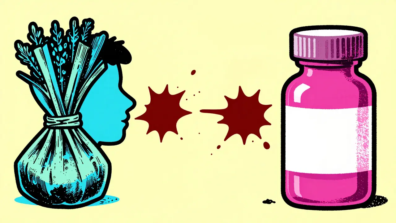 Graphic art showing herbal supplement conflicting with medicine vial.