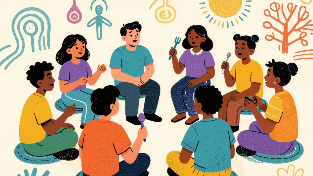 Group of people meeting in a support circle together.