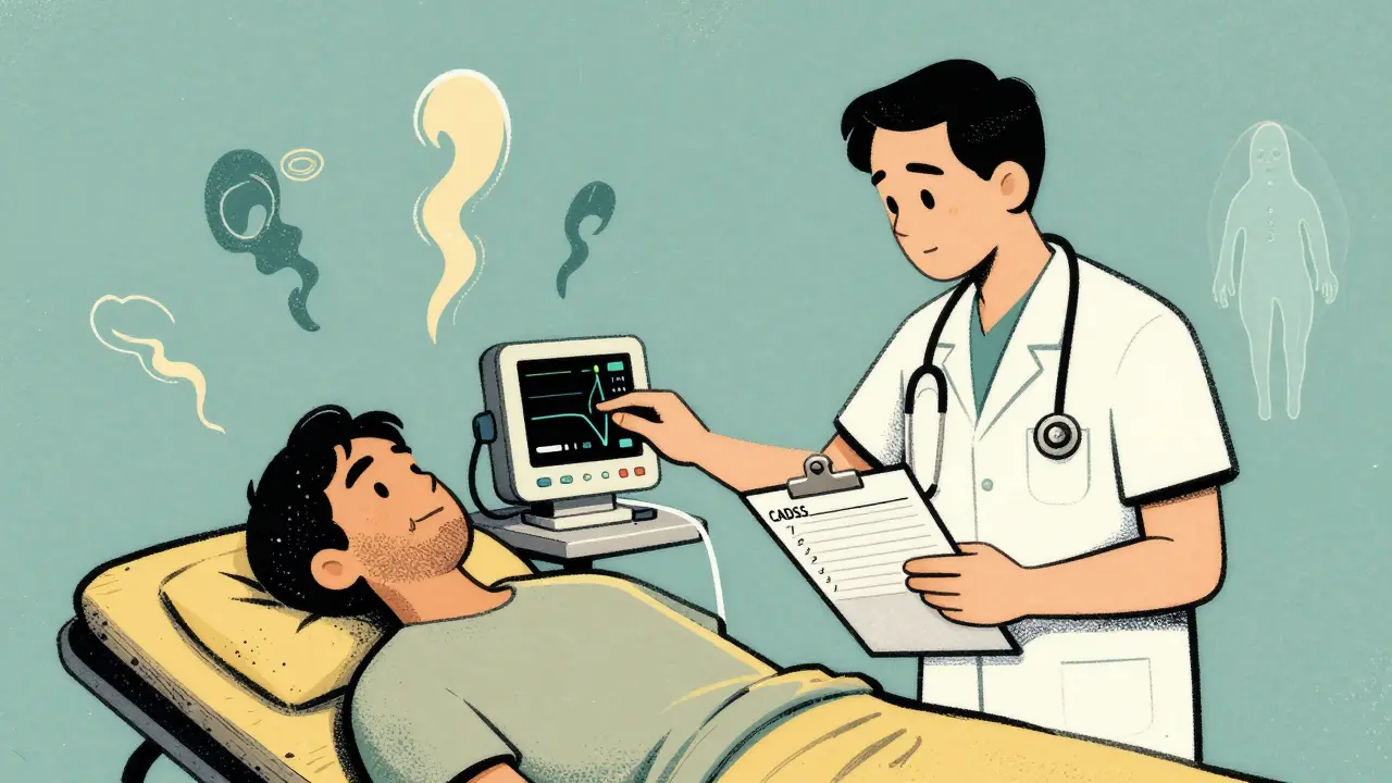 Medical staff monitoring a patient experiencing dissociation, with floating abstract shapes around them.